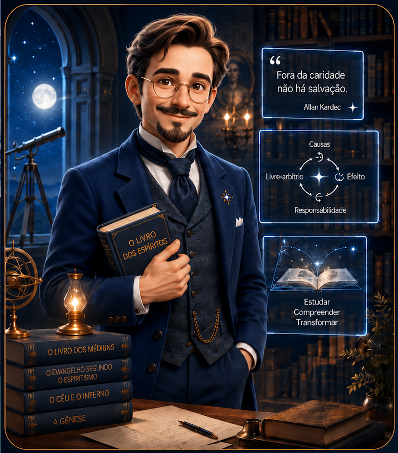 Kardec Jr., personagem inspirado em Allan Kardec, segurando O Livro dos Espíritos em seu gabinete